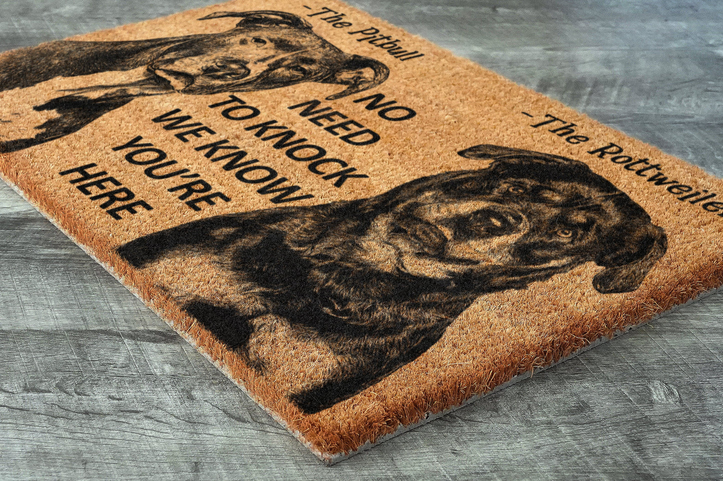 The Rottweiler and Pitbull Door Mat, We Know You ARE Here Rottweilers Dog Breed Door Mats, Funny Pitbull Doormat, Welcome Mats
