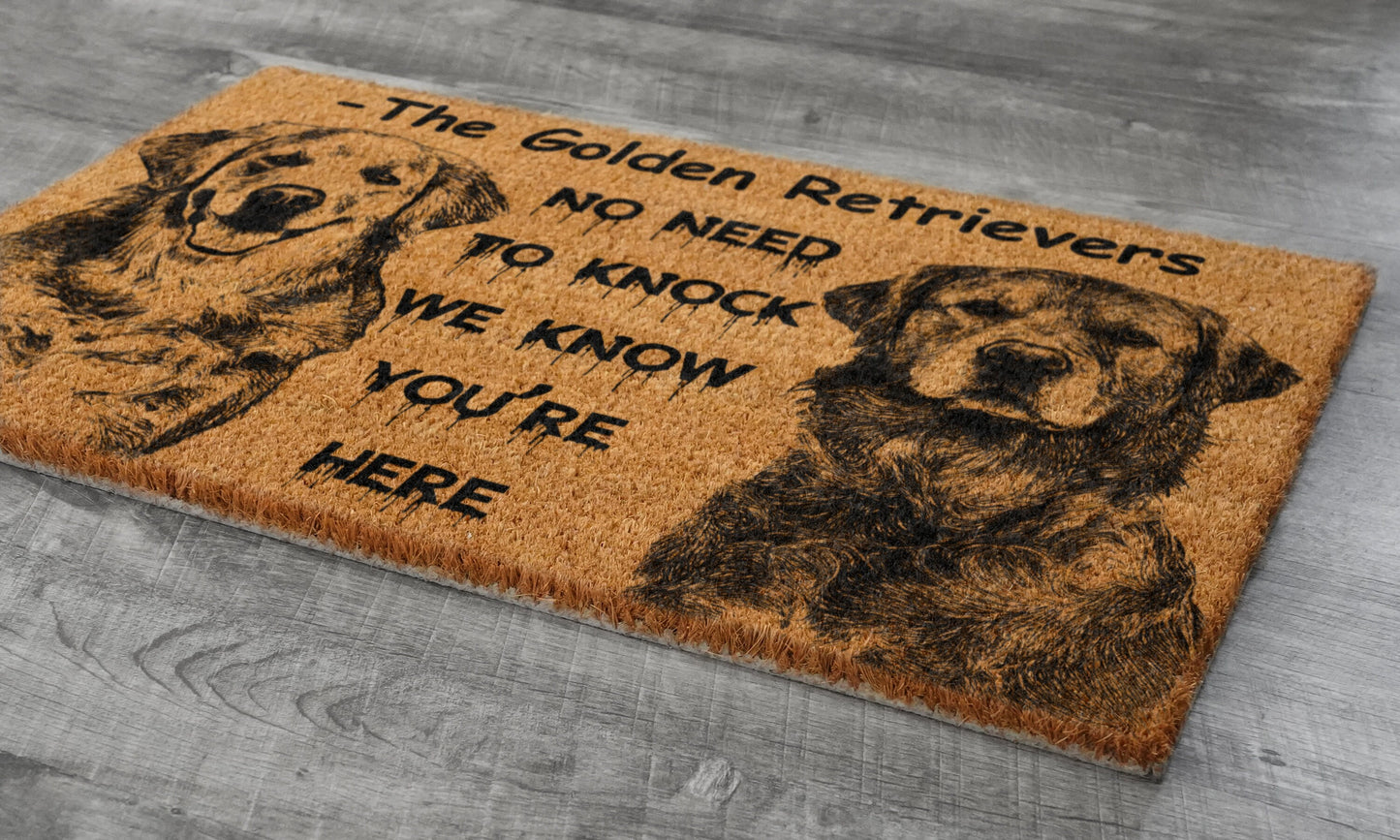 The Golden Retrievers Coir Door Mat, Funny The Golden Retriever Dogs Door Mats, We Know You ARE Here The Golden Retrievers Outdoor Doormat