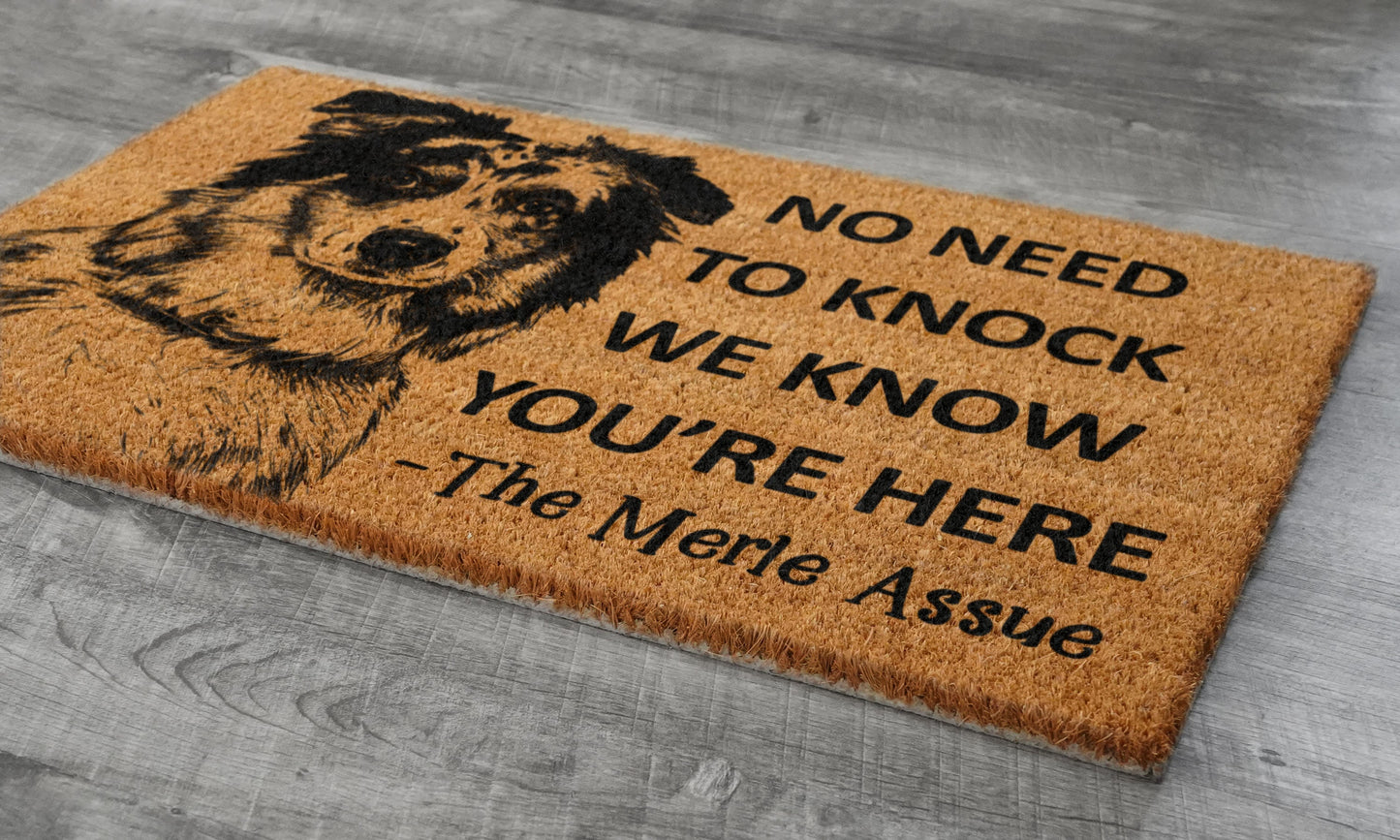 Merle Aussie Doormat, Merle Aussie Door Mat, No Need to Knock Merle Aussie Doormat, Welcome Merle Aussie Doormats, Welcome Dog Breed Mat