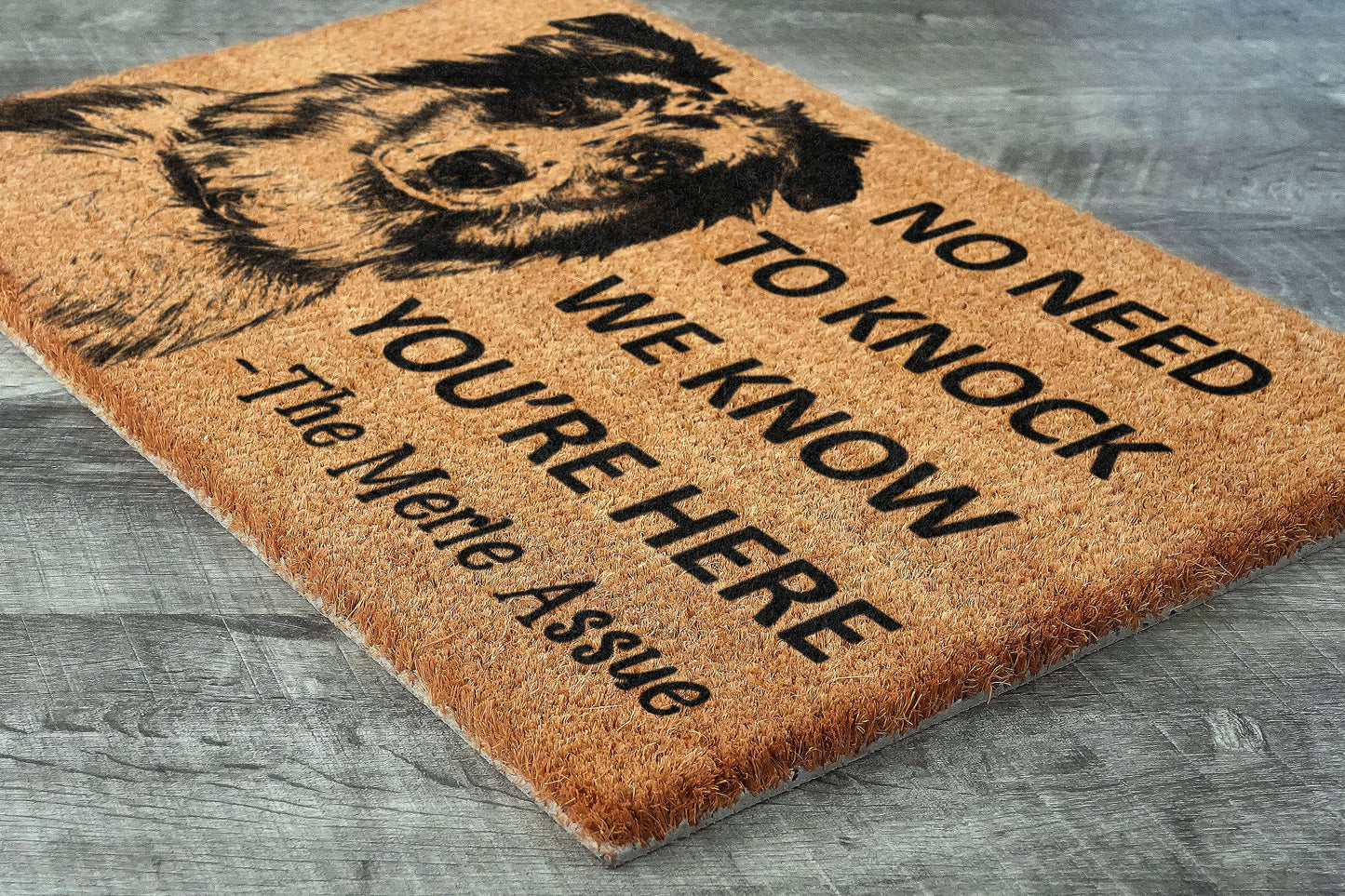 Merle Aussie Doormat, Merle Aussie Door Mat, No Need to Knock Merle Aussie Doormat, Welcome Merle Aussie Doormats, Welcome Dog Breed Mat