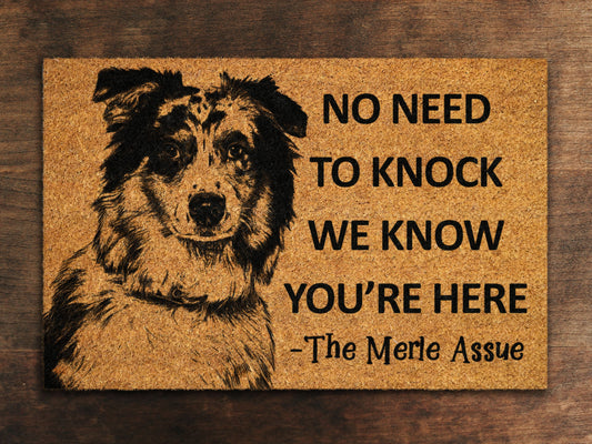 Merle Aussie Doormat, Merle Aussie Door Mat, No Need to Knock Merle Aussie Doormat, Welcome Merle Aussie Doormats, Welcome Dog Breed Mat