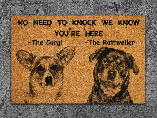 The Rottweiler Door Mat and The Corgi, We Know You ARE Here Rottweiler Dog Door Mats, Funny Corgi Doormat, Welcome Mats