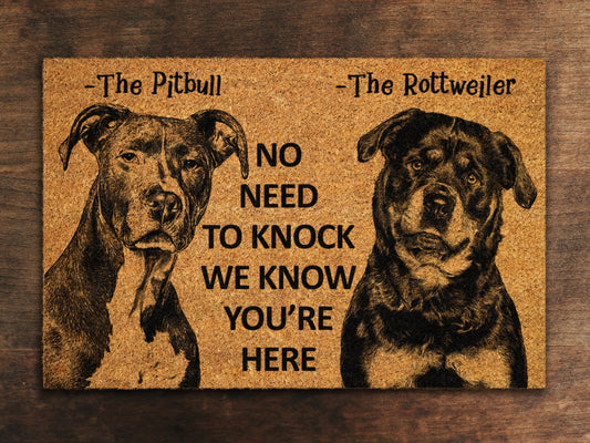 The Rottweiler and Pitbull Door Mat, We Know You ARE Here Rottweilers Dog Breed Door Mats, Funny Pitbull Doormat, Welcome Mats