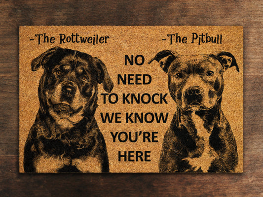 The Rottweiler and Pitbull Door Mat, We Know You ARE Here Rottweiler and Pitbull Dog Breed Door Mats, Funny Pitbull Doormat, Welcome Mats