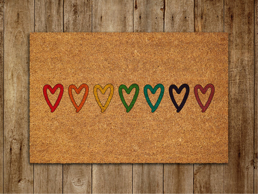 Rainbow of the Hearts Door Mat, Rainbow Hearts Coir Door Mats, Funny Rainbow Doormat, Welcome Rainbow Outdoor Mat