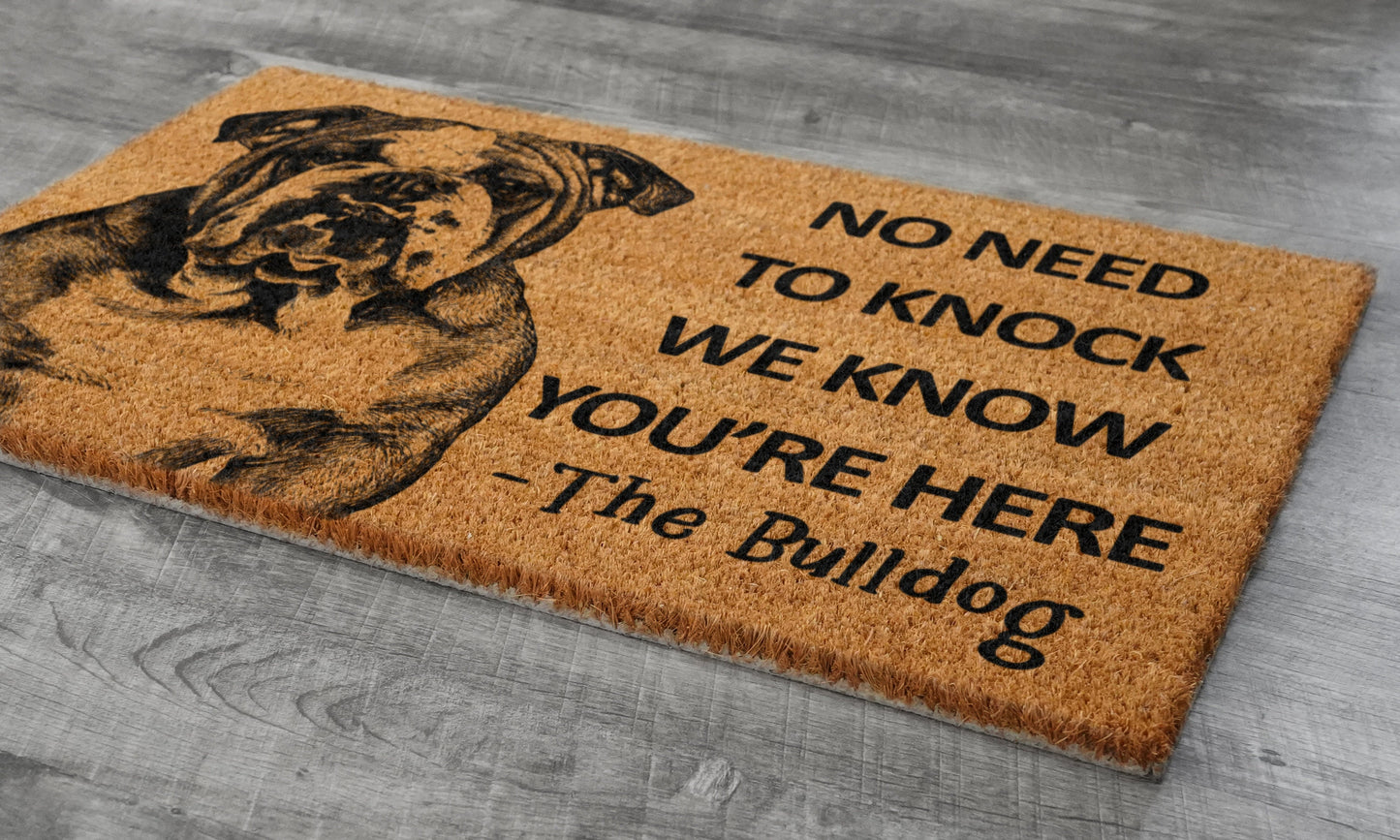 Bulldog Door Mat, Bulldog We Know You ARE Here Spring Door Mats, Bulldogs Doormat, Welcome Bulldog Outdoor Coir Mats, Bulldog Door Mat
