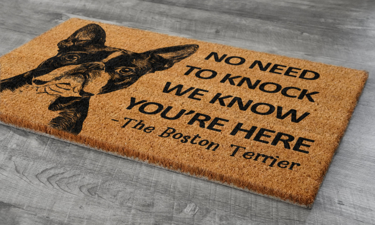 Boston Terrier Door Mat, Boston Terrier We Know You ARE Here Spring Door Mats, Boston Terrier Doormat, Welcome Boston Terrier Coir Mats